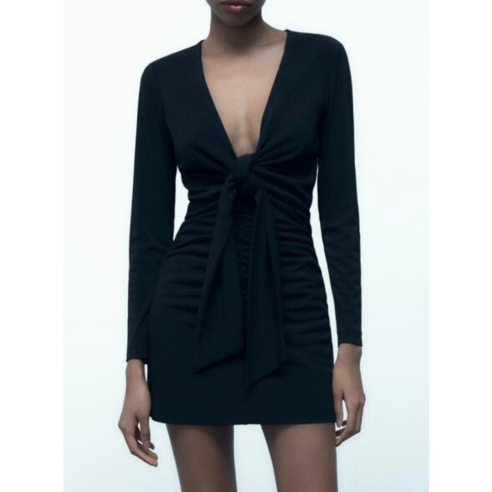 Zara Long Sleeve Tie Front Ruched Mini Dress